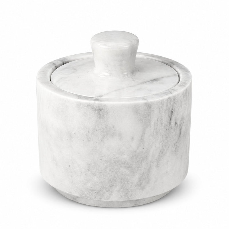 Cloudy White marble salt cellar with lid — hand-carved, hero shot