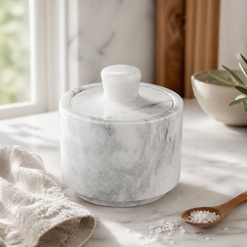 Cloudy White marble salt cellar lid detail — close-up