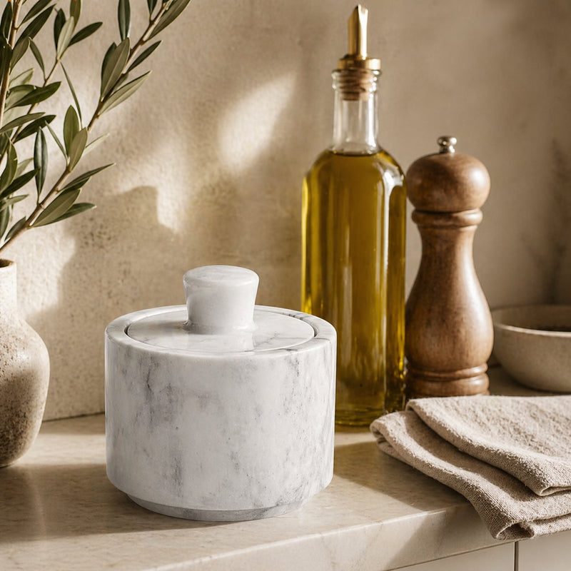 Cloudy White marble veining — natural variation, hand-finished