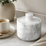 Cloudy White marble salt cellar on counter — Strabella kitchen