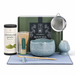 Father's Day matcha gift set for dad with blue ceramic chawan, bamboo whisk, and ceremonial matcha powder
