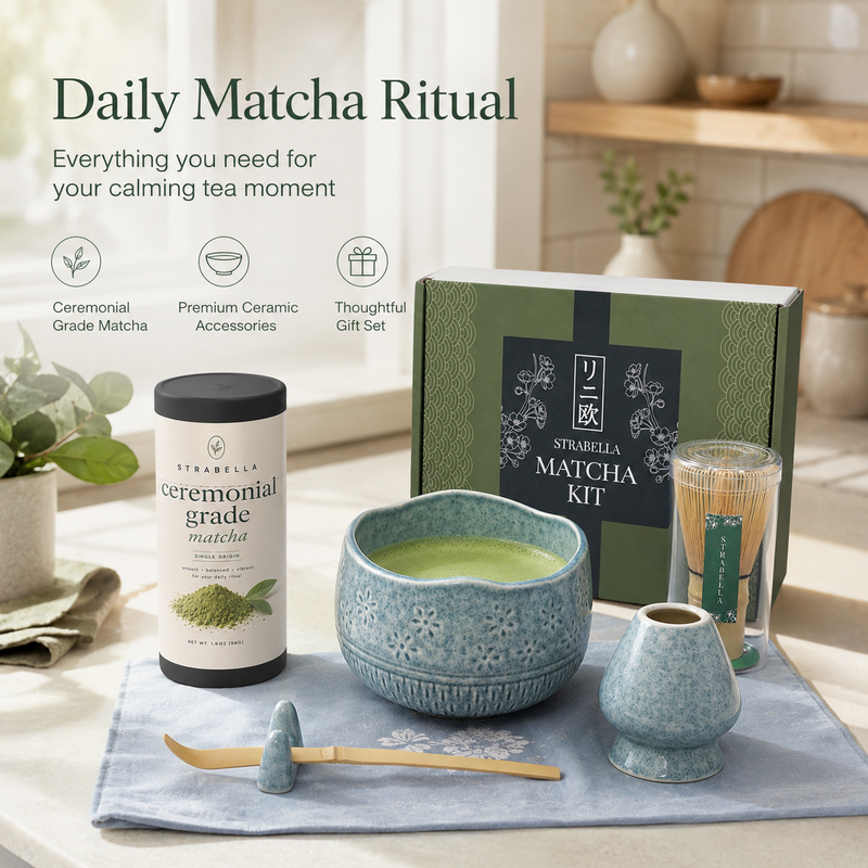 Strabella Father's Day matcha gift box with blue ceramic accessories ready for gifting