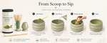 Bamboo chasen whisk and chashaku scoop tools beside ceremonial matcha powder tin for traditional ritual