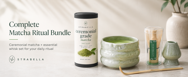 Complete matcha ritual bundle with green ceramic bowl, bamboo whisk set, and ceremonial grade matcha powder