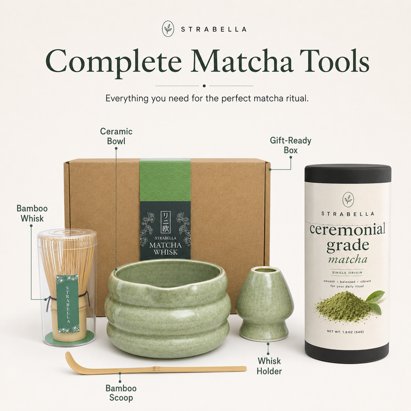 Ceremonial matcha powder and bamboo accessories arranged on linen tea mat with green chawan