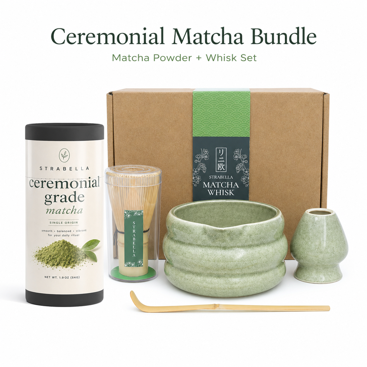 Matcha starter kit with green ceramic chawan, bamboo whisk, ceremonial matcha powder, and sifter