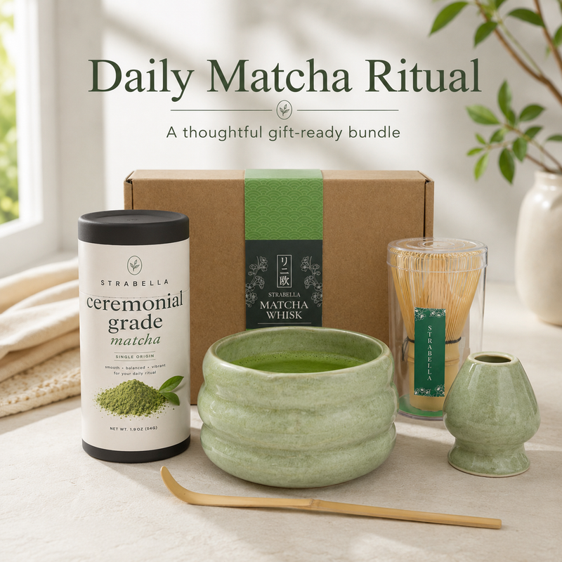 Complete matcha starter kit with green chawan, stainless sifter, bamboo whisk, and ceremonial matcha