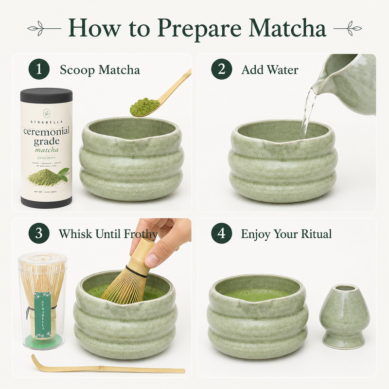 Strabella matcha starter kit in gift-ready box with green ceramic accessories and matcha powder
