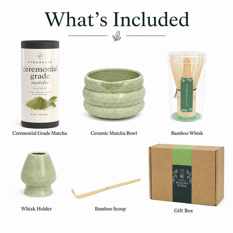 Green ceramic matcha bowl chawan with bamboo whisk holder and ceremonial grade matcha tin