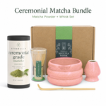 Pink ceramic matcha starter kit with chawan, bamboo whisk, whisk holder, scoop and ceremonial matcha