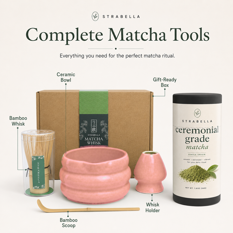 Complete matcha tool set with the pink ceramic chawan, bamboo whisk, whisk holder and bamboo scoop