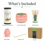 What's included in the pink matcha starter kit: ceramic bowl, bamboo whisk, whisk holder, scoop and gift box