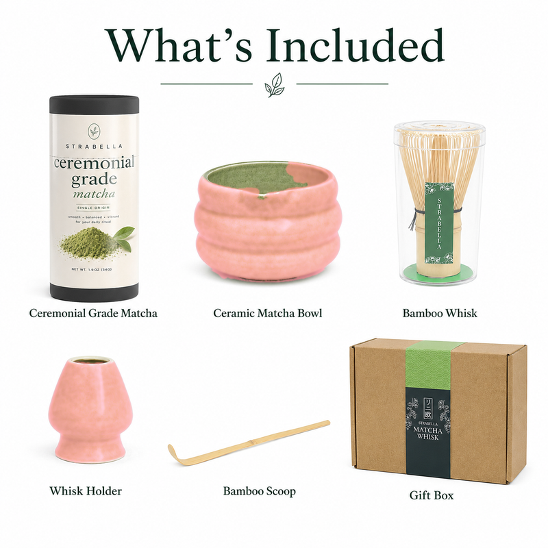 What's included in the pink matcha starter kit: ceramic bowl, bamboo whisk, whisk holder, scoop and gift box