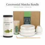 White ceramic matcha starter kit with chawan, bamboo whisk, whisk holder, scoop and ceremonial matcha