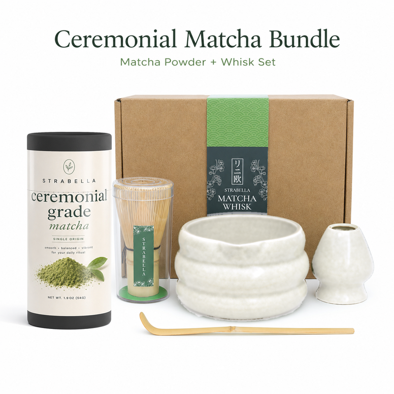 White ceramic matcha starter kit with chawan, bamboo whisk, whisk holder, scoop and ceremonial matcha