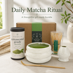 White ceramic matcha bowl and whisk holder styled for a gift-ready daily matcha ritual