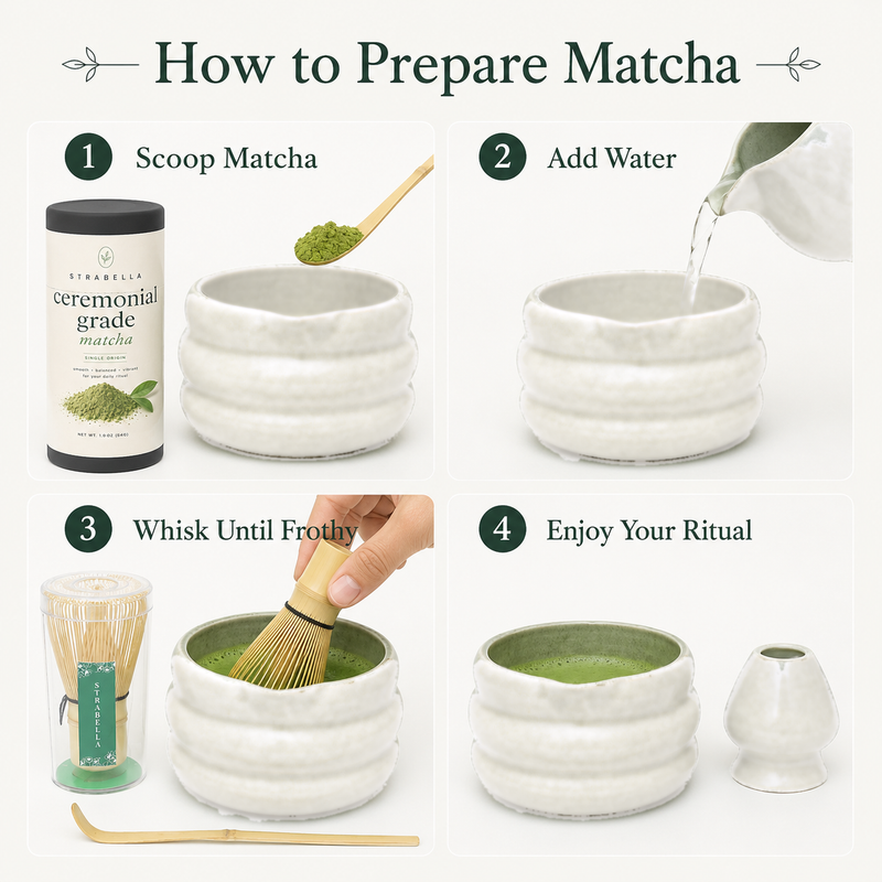 How to prepare matcha in the white ceramic chawan: scoop, add water, whisk until frothy and enjoy