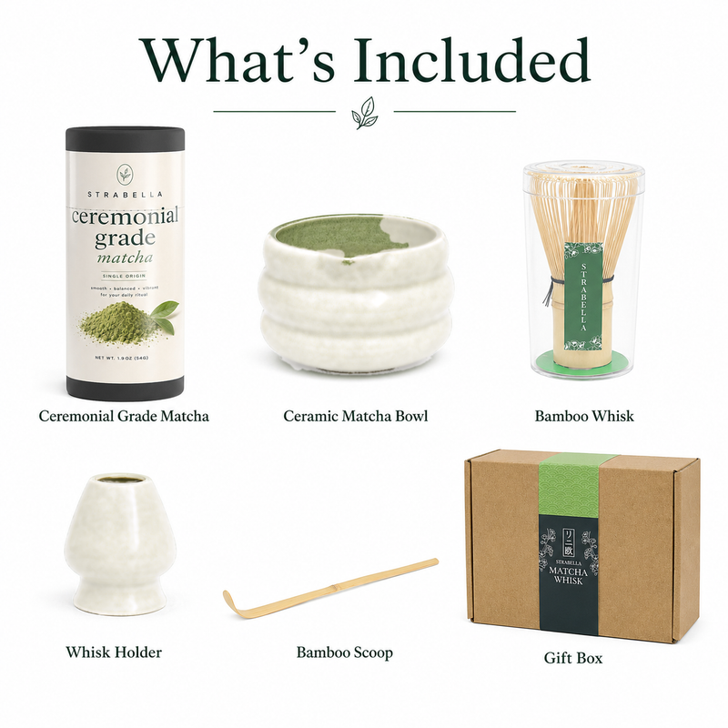 What's included in the white matcha starter kit: ceramic bowl, bamboo whisk, whisk holder, scoop and gift box