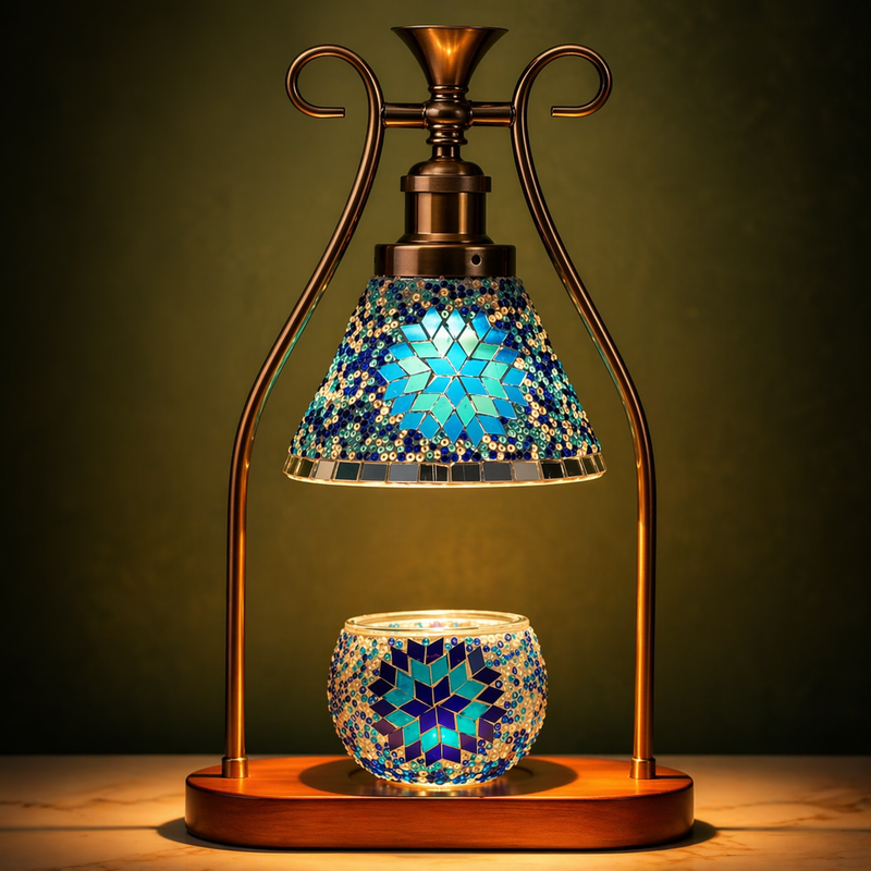 Blue mosaic candle warmer lamp on dark backdrop — hero product view