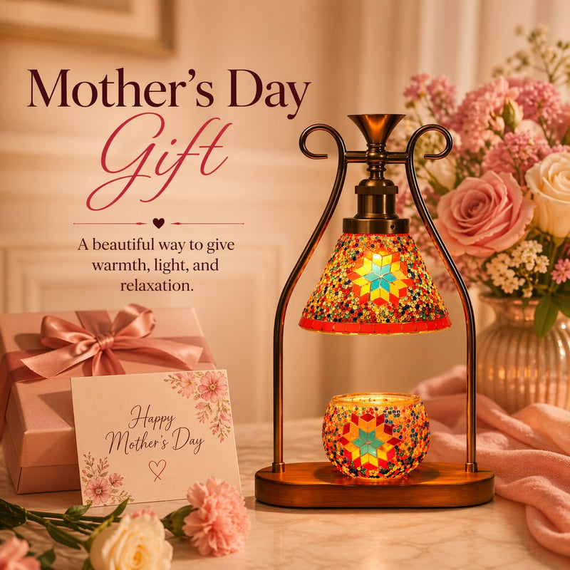orange mosaic candle warmer lamp with pink flowers and gift box