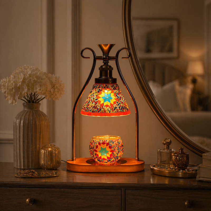 Orange mosaic candle warmer lamp on bedroom nightstand at dusk — warm glow ambience