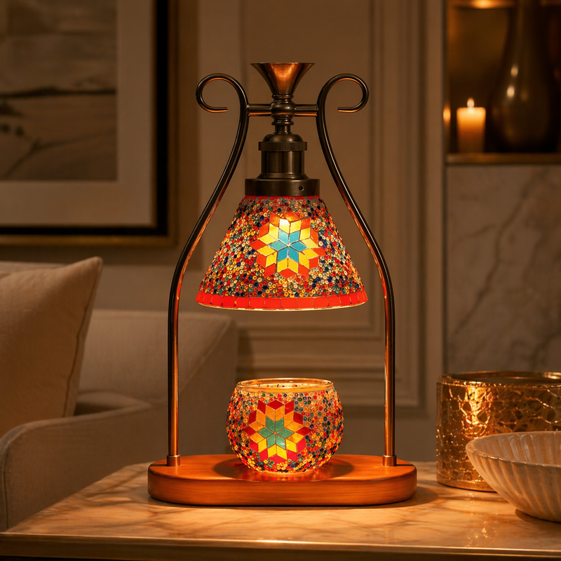 Orange mosaic candle warmer lamp on side table with evening candles — cozy living room