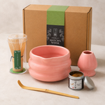 Pink ceramic matcha bowl with bamboo whisk, whisk holder, bamboo scoop and Kyoto hojicha powder tin — Strabella Hojicha Set