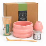 Pink ceramic hojicha and matcha bowl with bamboo whisk, holder, scoop and Kyoto hojicha tin — Strabella Hojicha Set