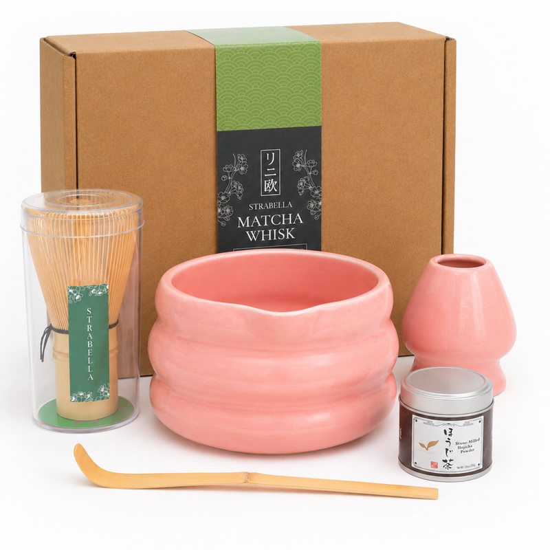 Pink ceramic hojicha and matcha bowl with bamboo whisk, holder, scoop and Kyoto hojicha tin — Strabella Hojicha Set