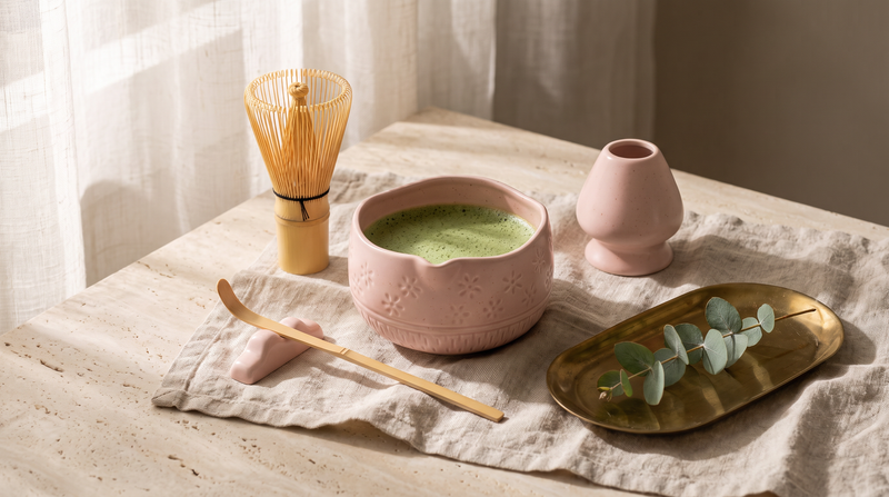 Pink ceramic matcha whisk set on a travertine counter with linen and brass tray