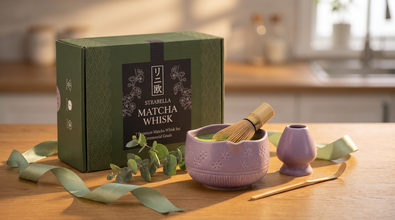 Purple matcha whisk set with the Strabella gift box, eucalyptus and sage ribbon