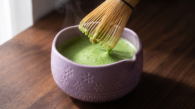 Close-up of the bamboo chasen lifting from jade matcha foam in the purple ceramic chawan