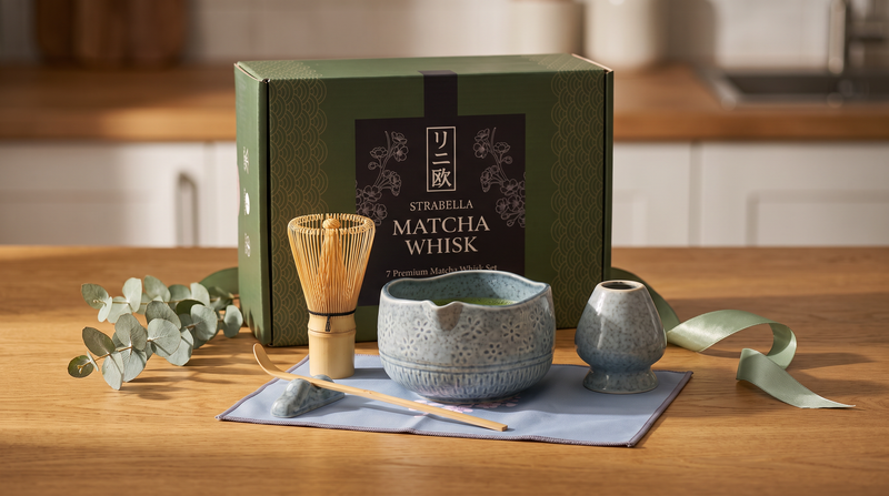 Blue matcha whisk set with the Strabella gift box, tea mat, eucalyptus and sage ribbon