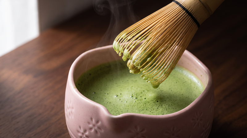 Close-up of the bamboo chasen lifting from jade matcha foam in the pink ceramic chawan