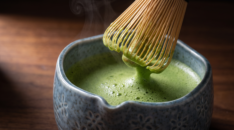 Close-up of the bamboo chasen lifting from thick jade matcha foam in the blue ceramic chawan