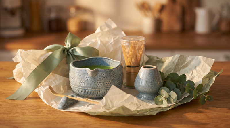 Matcha whisk set arranged as a gift with sage ribbon, tissue paper and eucalyptus