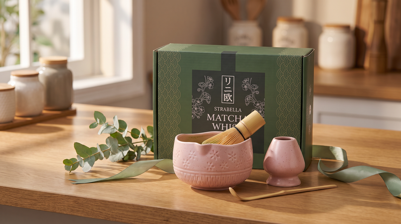 Pink matcha whisk set with the Strabella gift box, eucalyptus and sage ribbon