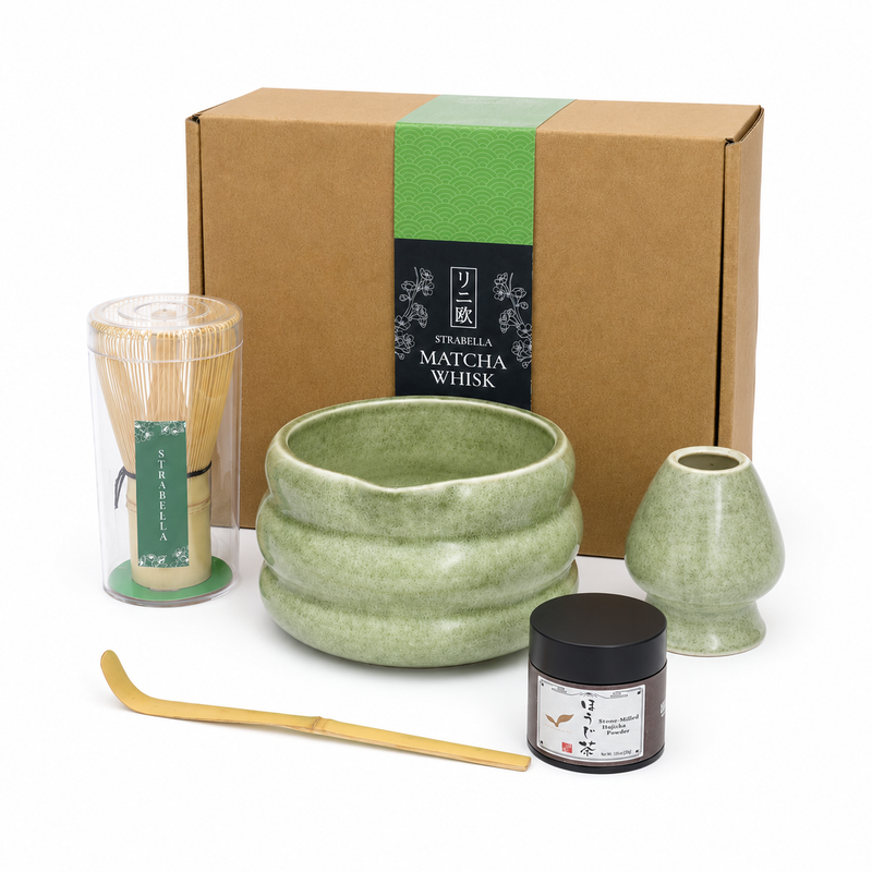 Sage green ceramic matcha bowl with bamboo whisk, scoop, whisk holder and Kyoto hojicha powder tin — Strabella Hojicha Set