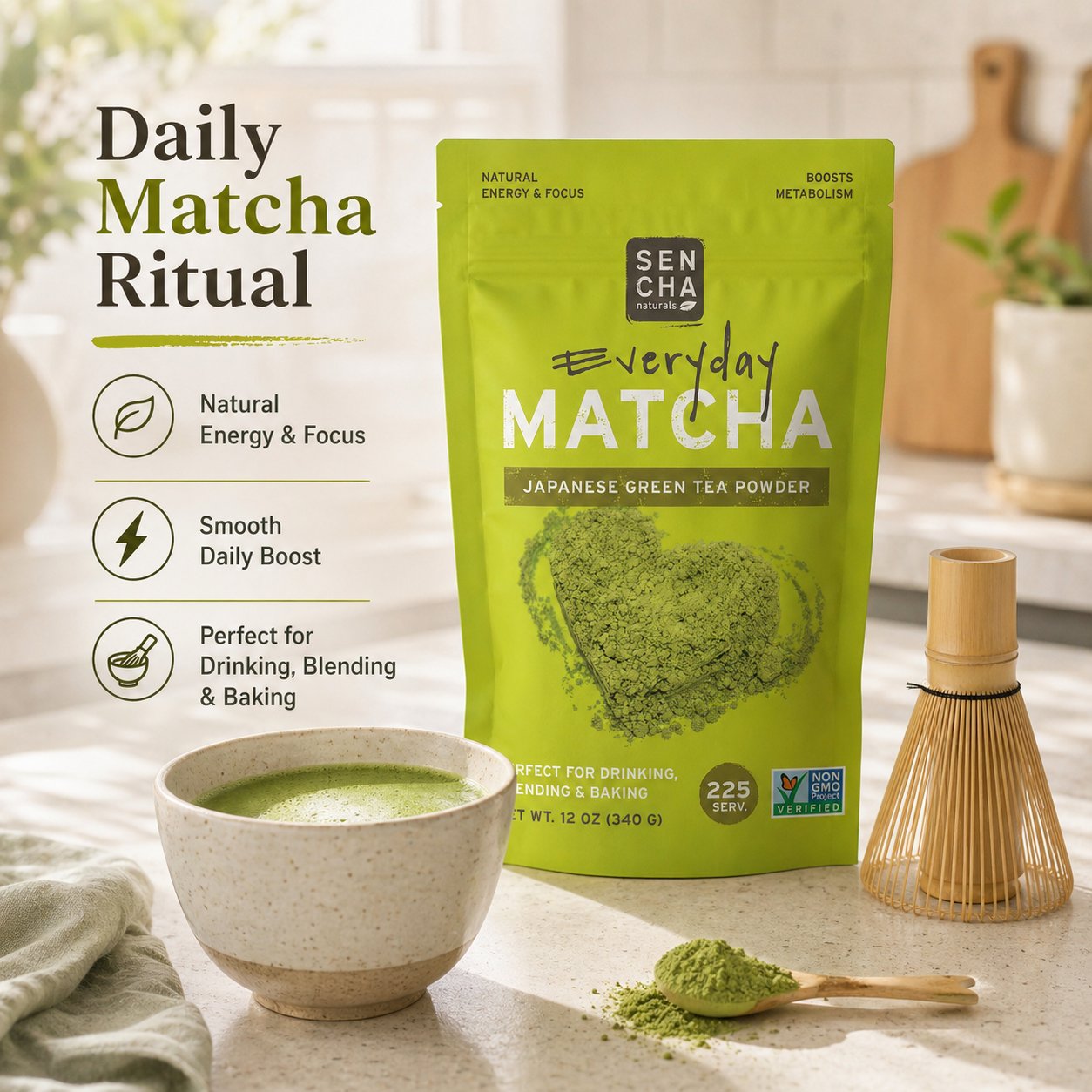 Bright green sencha matcha powder color — culinary grade everyday