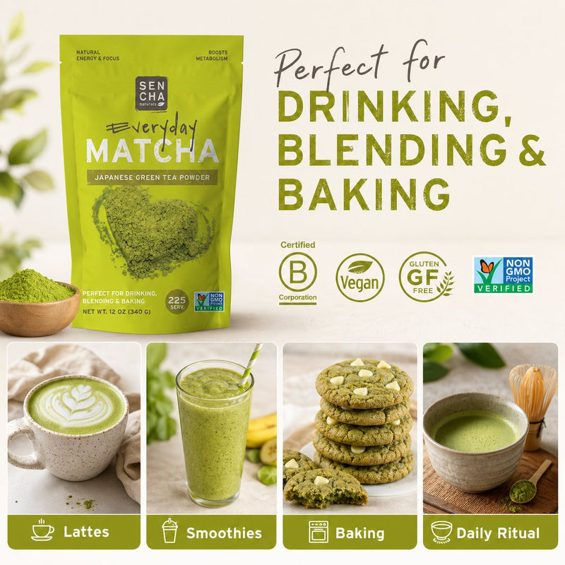 Family-size 340g sencha matcha — scale vs daily portion