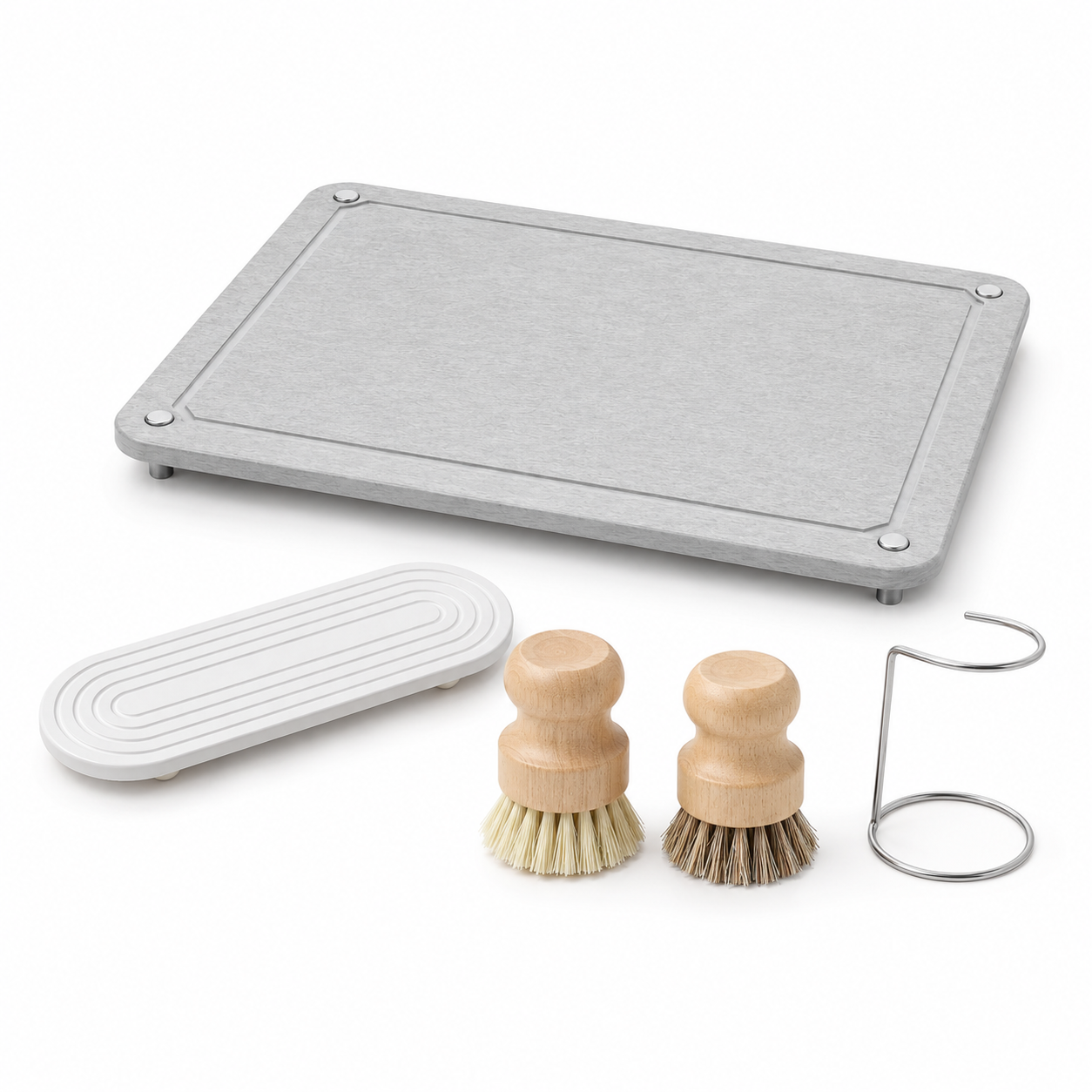 Strabella Sink-Side Set — stone drying mat, ridged tray, two natural-wood brushes, and stainless holder