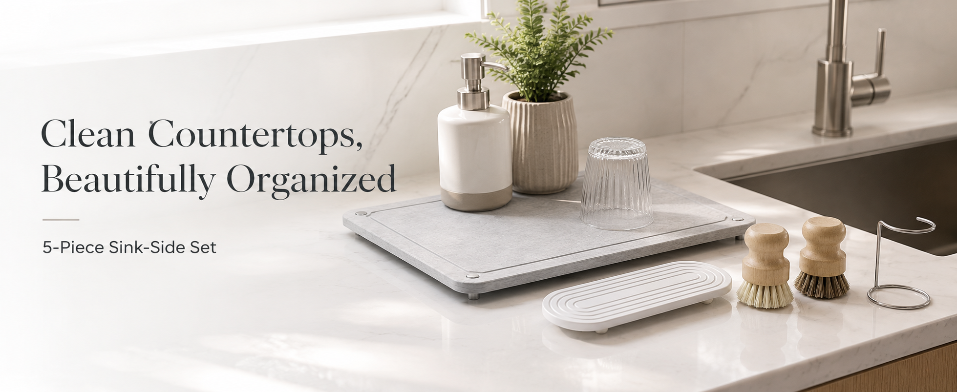Clean countertops, beautifully organized — Strabella five-piece Sink-Side Set on a marble counter
