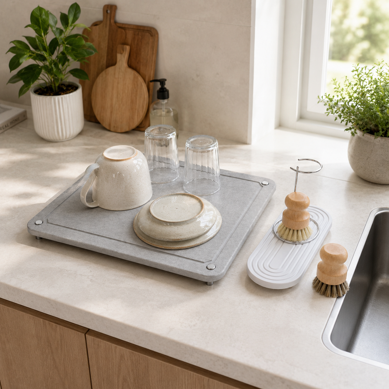 Sink-Side Set in use — stone drying mat with mug and glasses, tray with brushes and stainless holder beside the sink