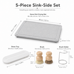 Sink-Side Set dimensions — mat 40 x 30 cm, tray 34 x 8 cm, brushes 7.8 x 5.5 cm, holder 8 x 5.5 cm