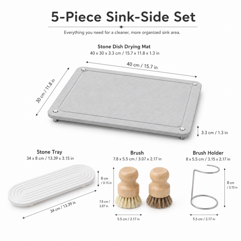 Sink-Side Set dimensions — mat 40 x 30 cm, tray 34 x 8 cm, brushes 7.8 x 5.5 cm, holder 8 x 5.5 cm