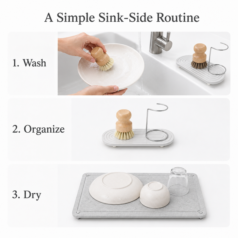A simple sink-side routine — wash, organize, dry — three steps with the Strabella Sink-Side Set