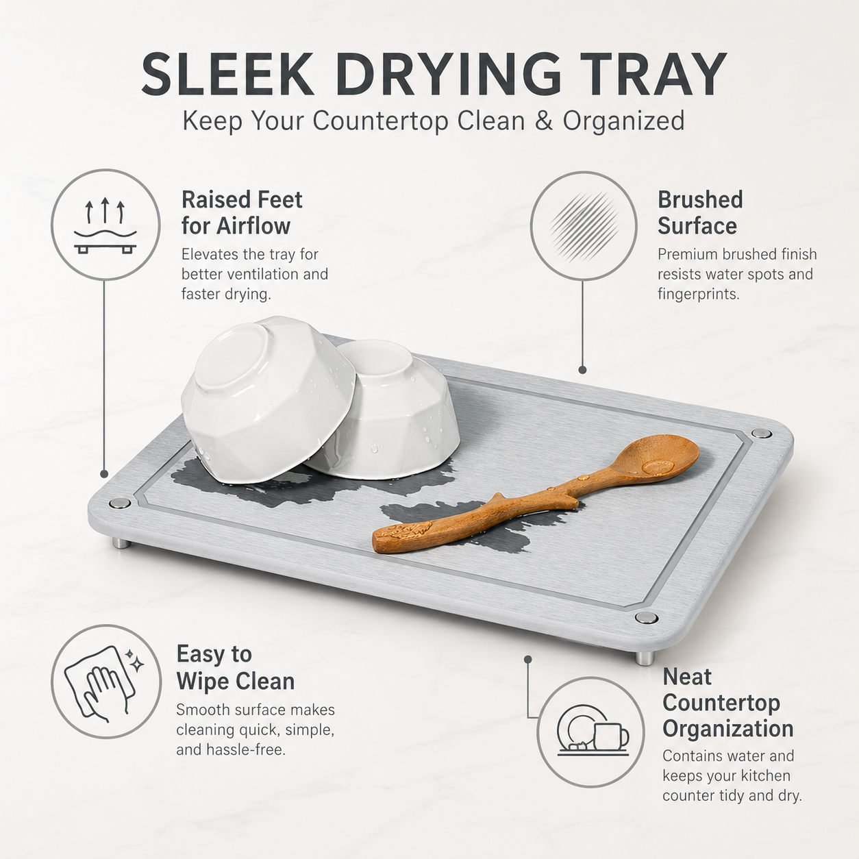 Stone Drying Mat features — absorbent diatomaceous, raised feet, non-slip