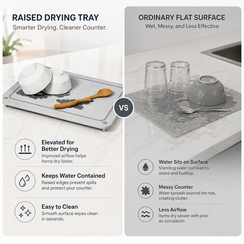Raised edge stone mat vs flat surface — water management comparison