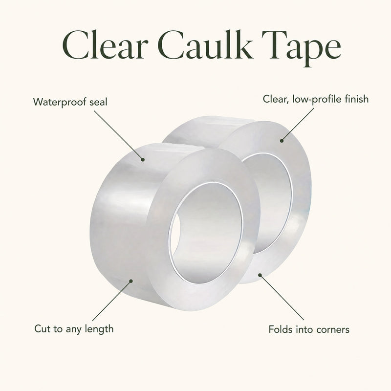 caulk tape — what the clear self-adhesive strip covers: sink edge, counter seam, stove gap, tub corner