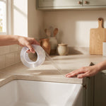 caulk tape — clear strip pressed along the joint where the counter meets the wall beside a kitchen sink
